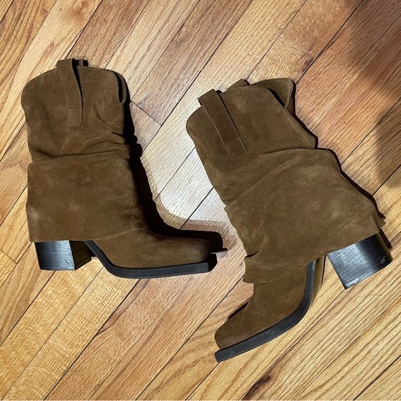 PIA CHESTNUT SUEDE Fold over chunky square block Western Pullover Riding Biker - Picture 6 of 10